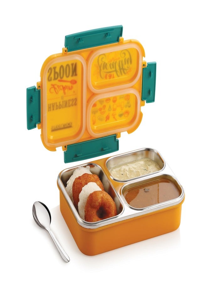 STEELLOCK علبة غداء سمارت ميل بثلاثة أقسام، مصنوعة من الفولاذ المقاوم للصدأ، معزولة حراريًا، للأطفال والكبار، مزودة بملعقة | علبة طعام مانعة للتسرب بغطاء مزود بحشية سيليكون | علبة بينتو للمدرسة، الأولاد، البنات، والمكتب، سعة 600 مل - أصفر - Image 3